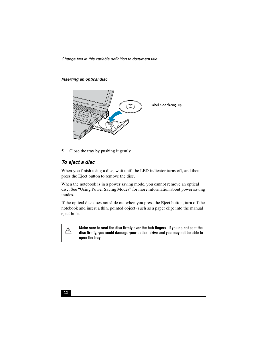 To eject a disc | Sony PCG-FXA49 User Manual | Page 22 / 116