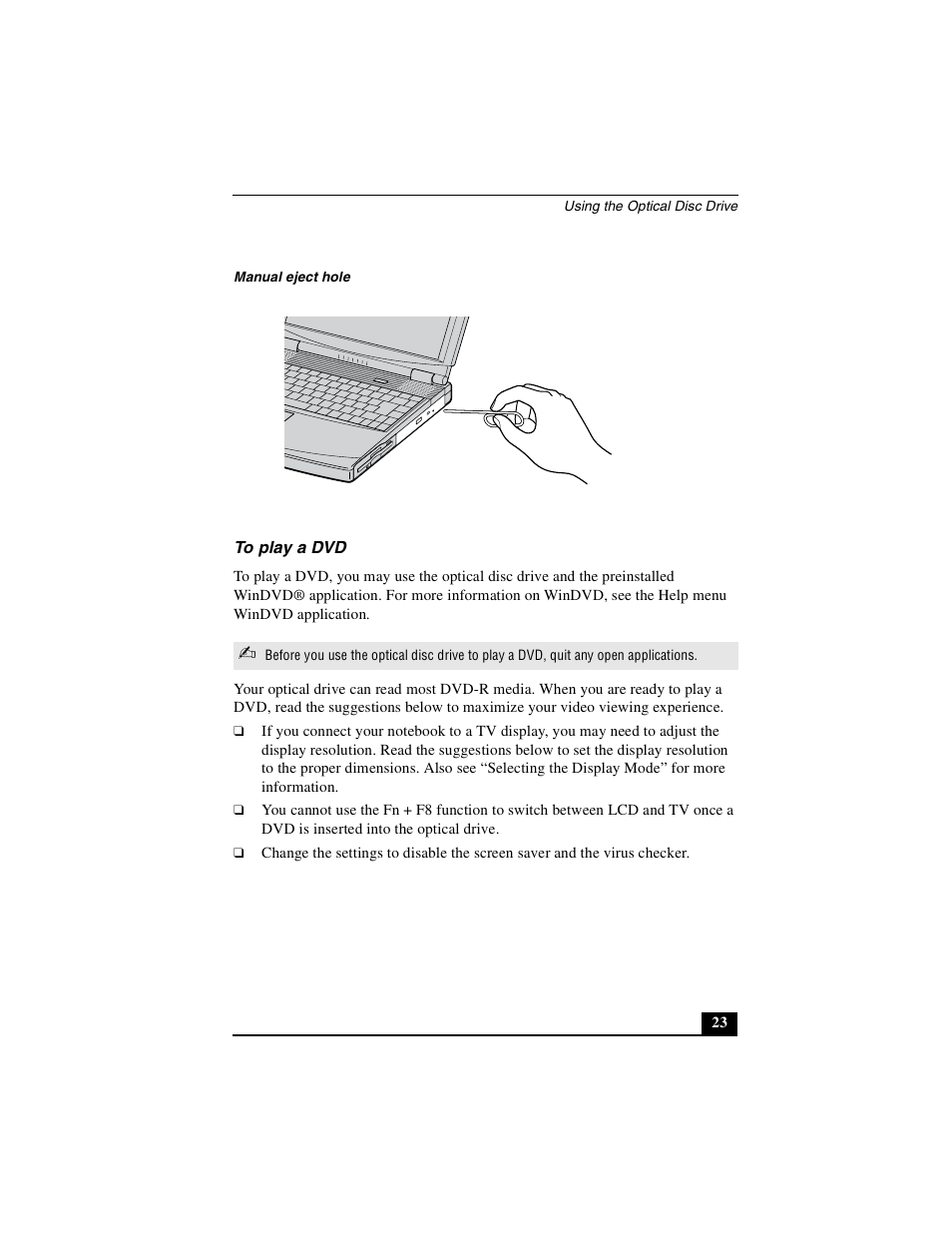 To play a dvd | Sony PCG-FXA49 User Manual | Page 23 / 116