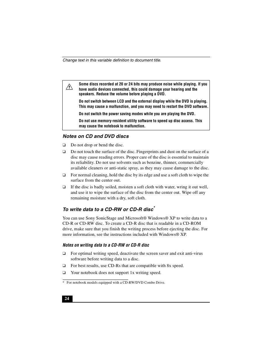 Notes on cd and dvd discs, To write data to a cd-rw or cd-r disc | Sony PCG-FXA49 User Manual | Page 24 / 116