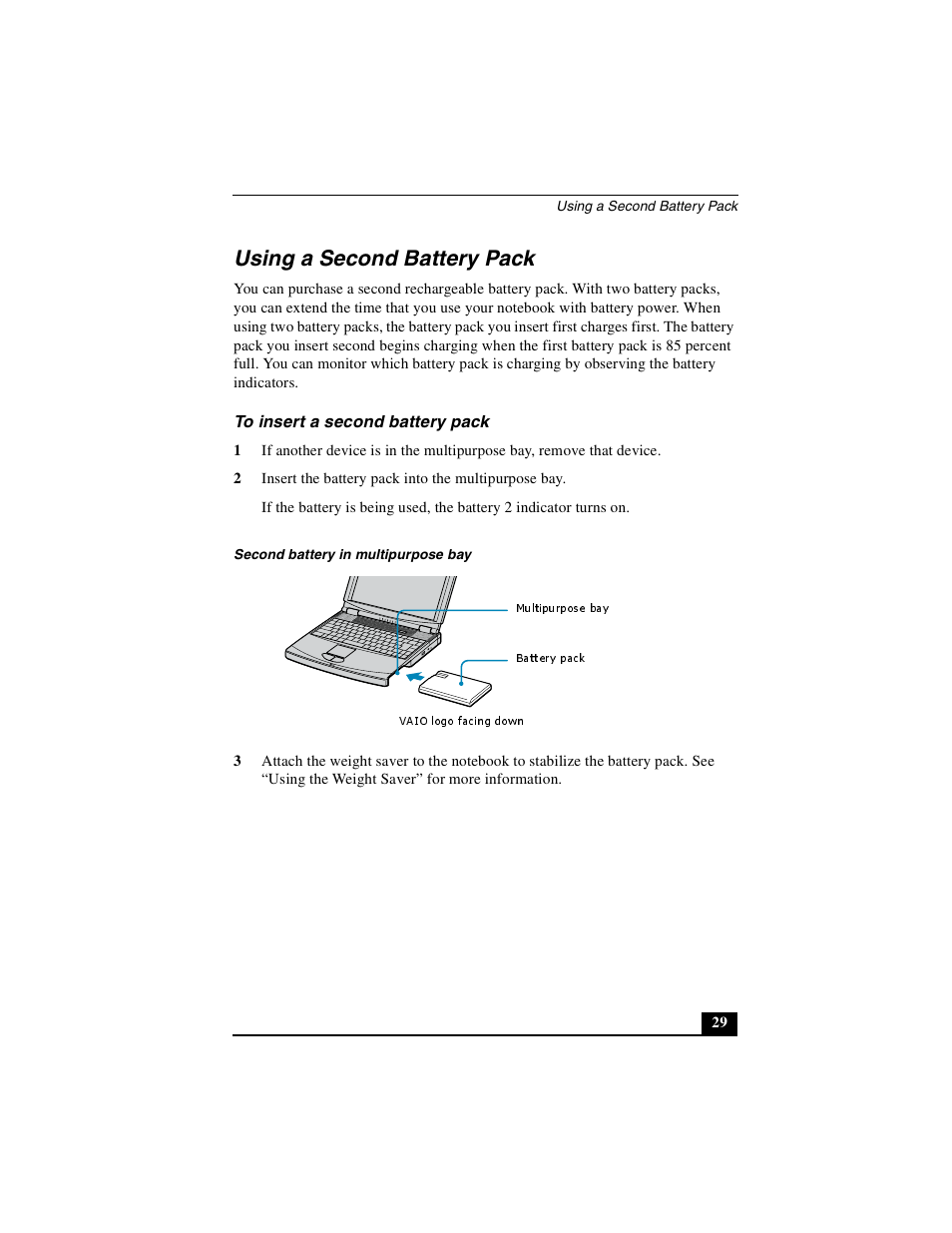 Using a second battery pack, To insert a second battery pack | Sony PCG-FXA49 User Manual | Page 29 / 116