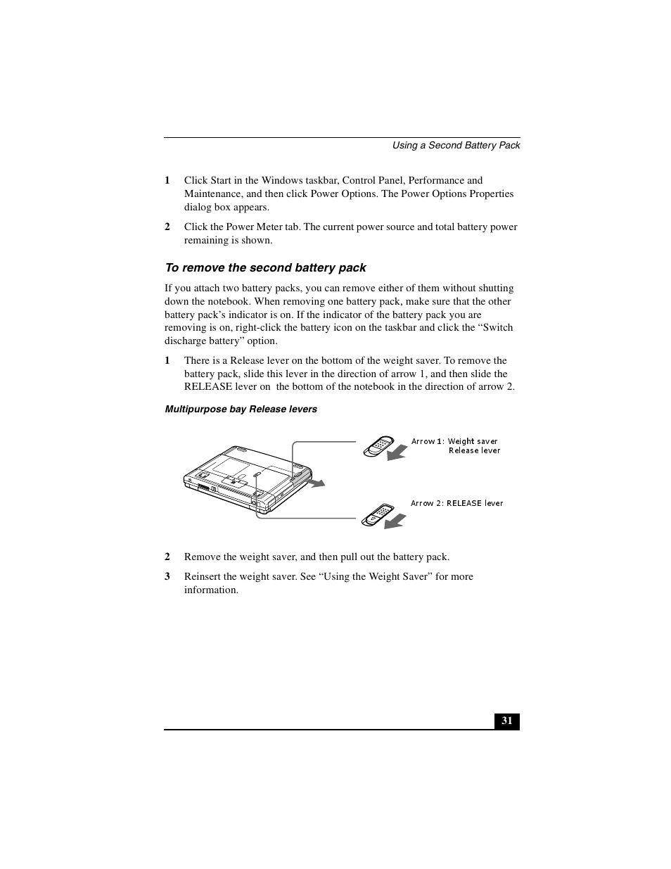 To remove the second battery pack | Sony PCG-FXA49 User Manual | Page 31 / 116