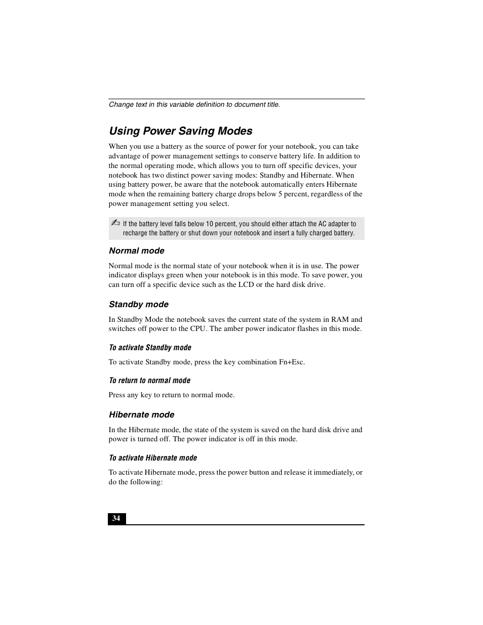 Using power saving modes, Normal mode, Standby mode | Hibernate mode, Normal mode standby mode hibernate mode | Sony PCG-FXA49 User Manual | Page 34 / 116