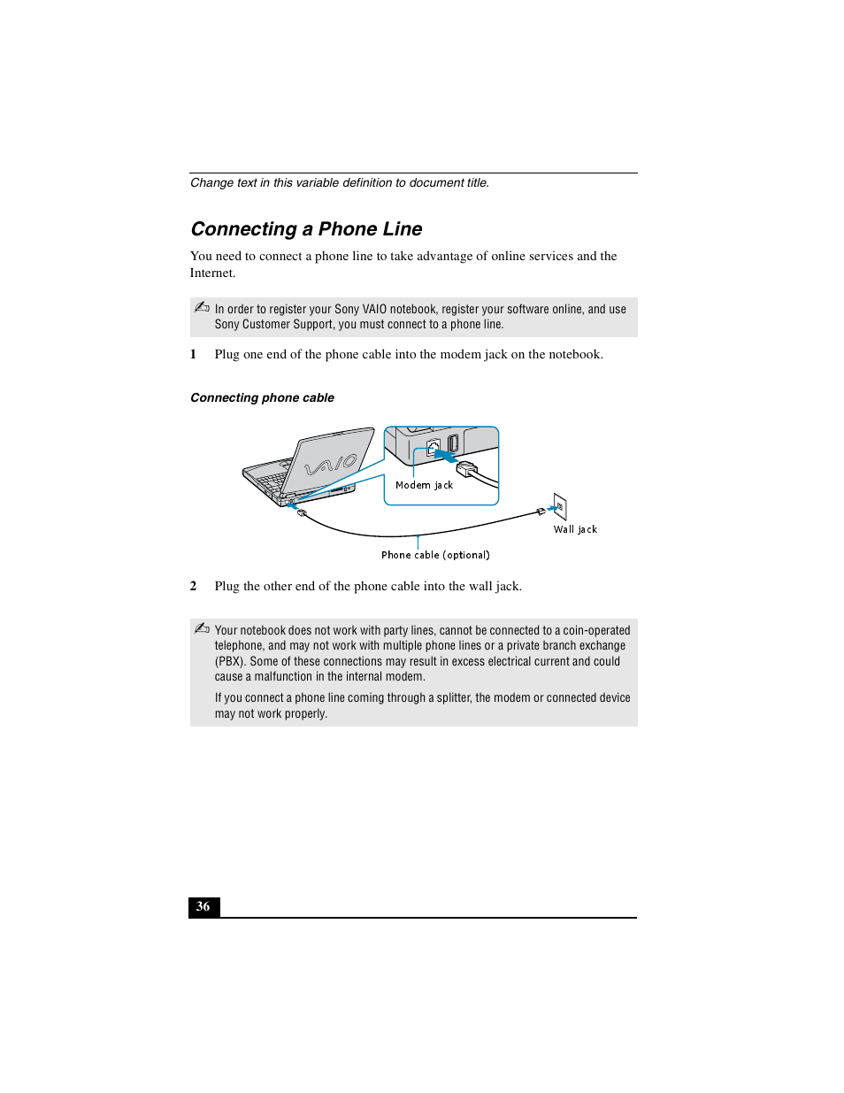 Connecting a phone line | Sony PCG-FXA49 User Manual | Page 36 / 116