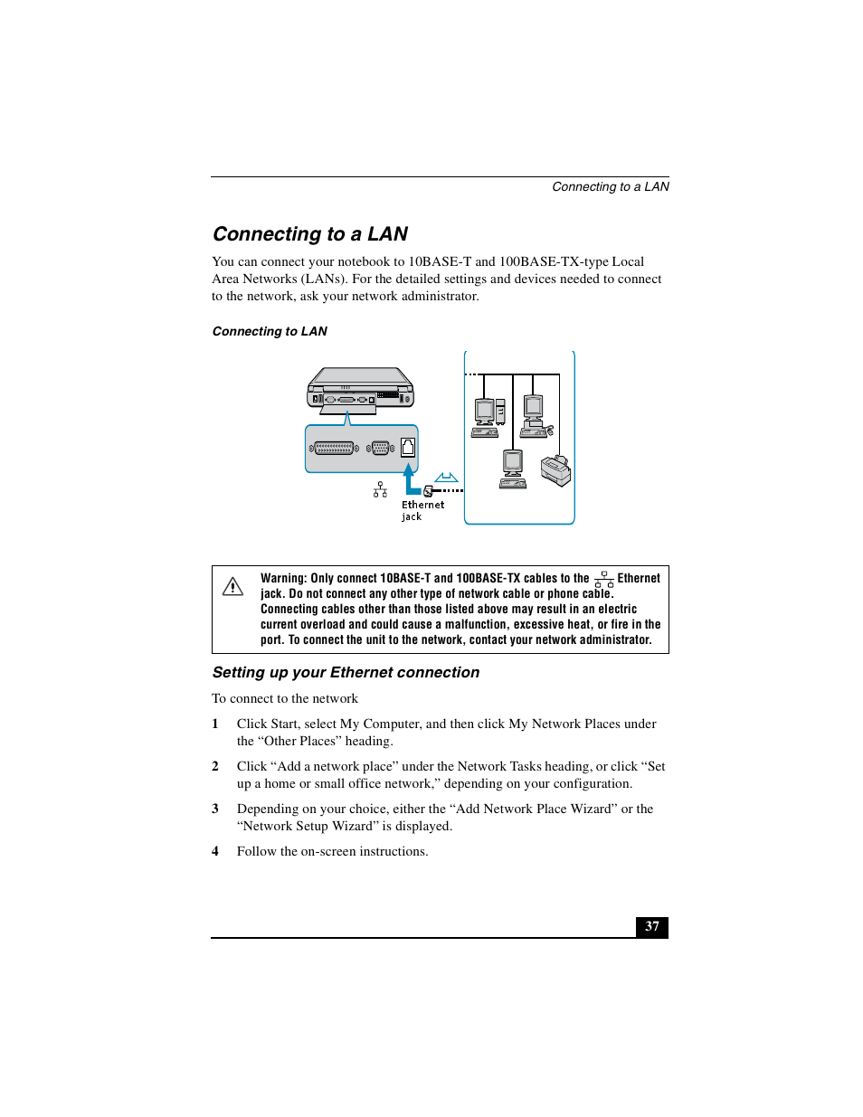 Connecting to a lan, Setting up your ethernet connection | Sony PCG-FXA49 User Manual | Page 37 / 116