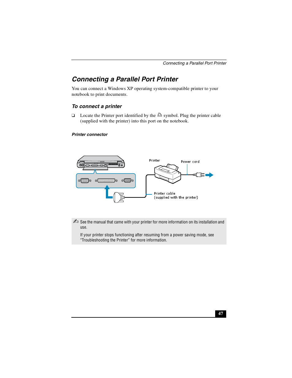 Connecting a parallel port printer, To connect a printer | Sony PCG-FXA49 User Manual | Page 47 / 116
