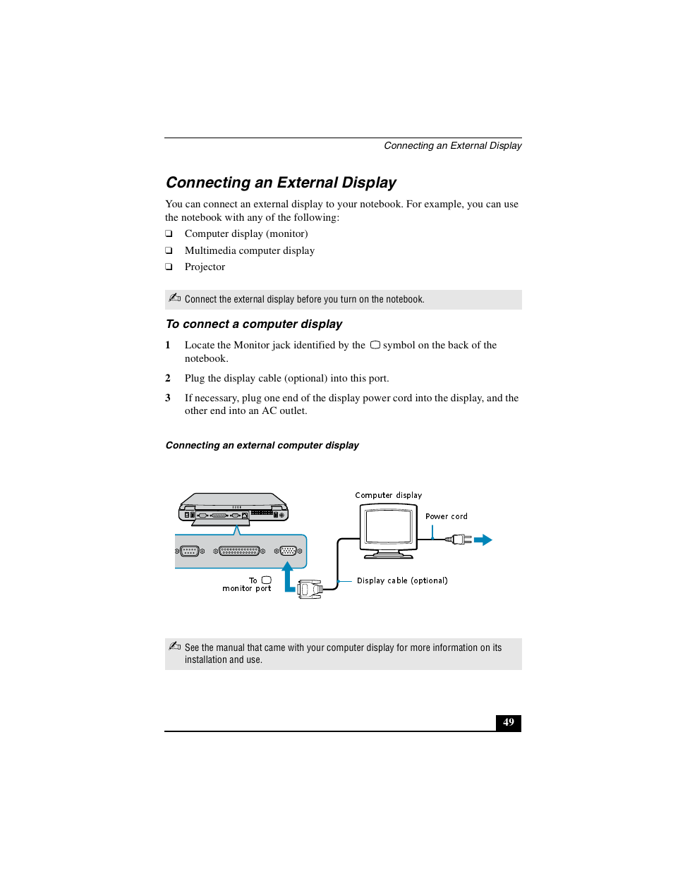 Connecting an external display, To connect a computer display | Sony PCG-FXA49 User Manual | Page 49 / 116