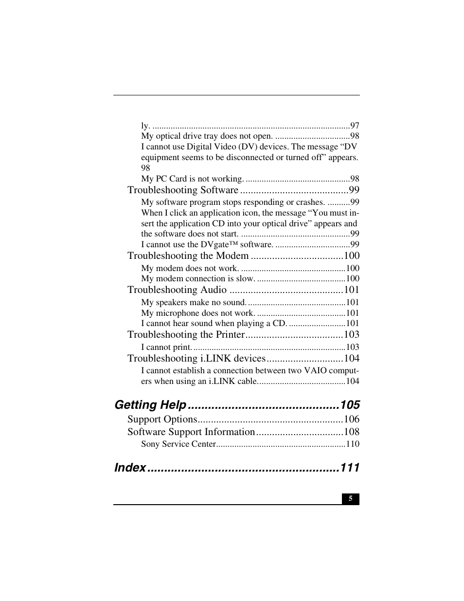 Getting help, Index | Sony PCG-FXA49 User Manual | Page 5 / 116