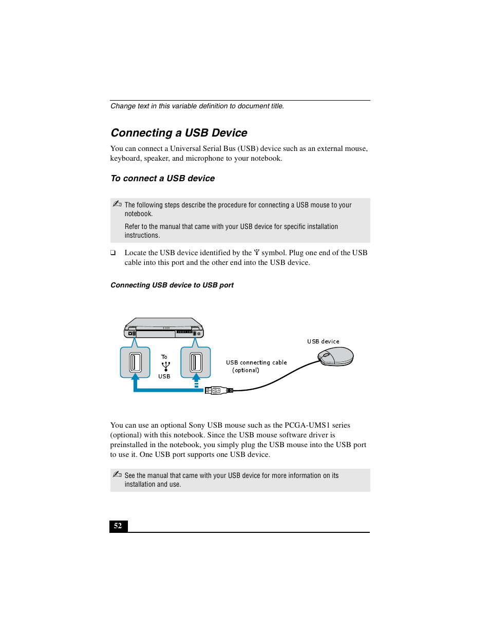 Connecting a usb device, To connect a usb device | Sony PCG-FXA49 User Manual | Page 52 / 116