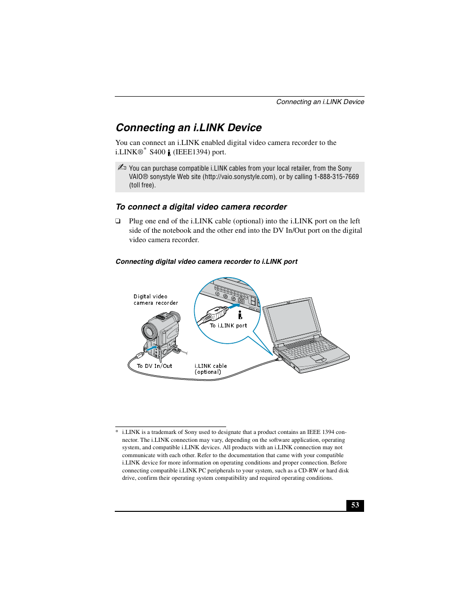 Connecting an i.link device, To connect a digital video camera recorder | Sony PCG-FXA49 User Manual | Page 53 / 116