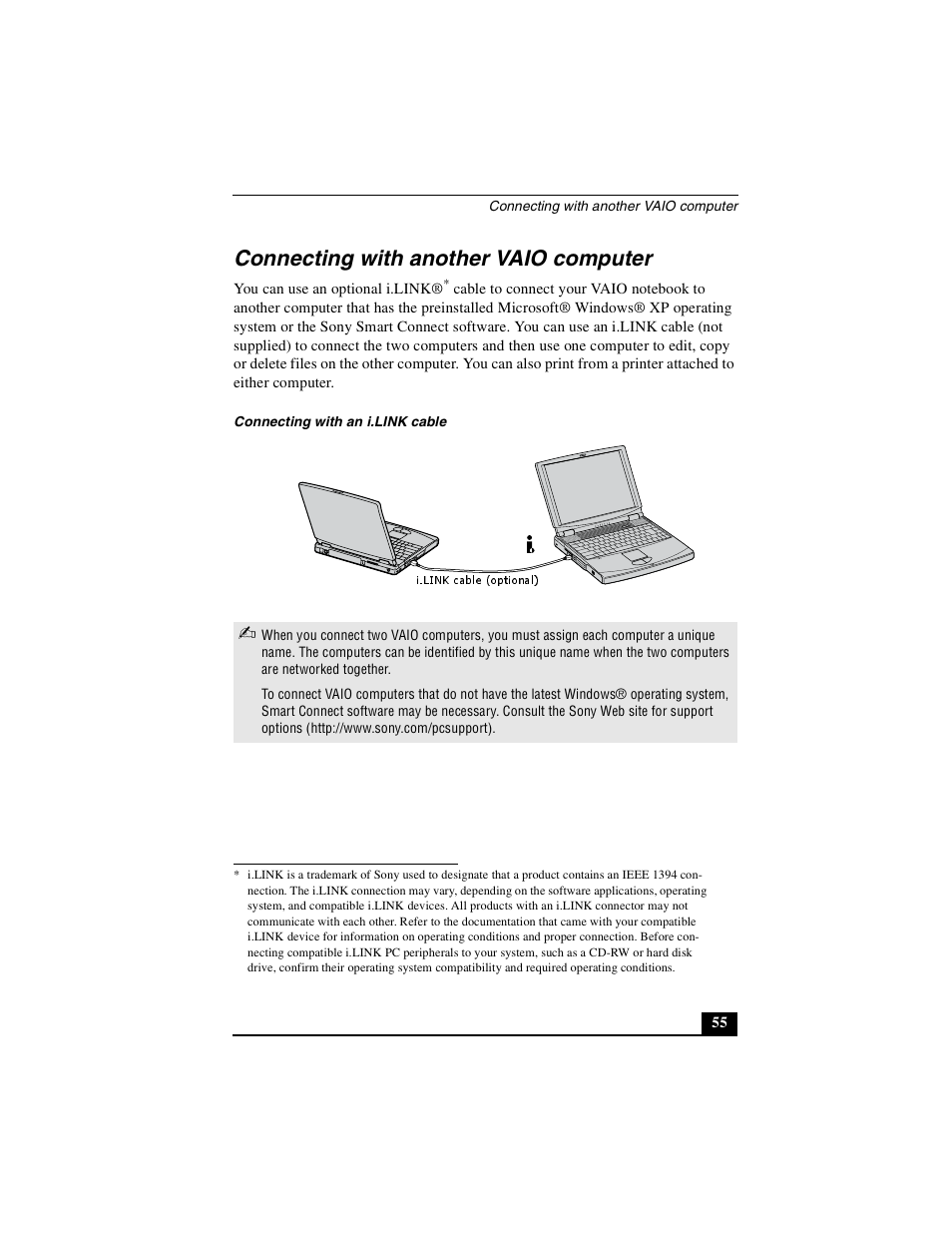 Connecting with another vaio computer | Sony PCG-FXA49 User Manual | Page 55 / 116