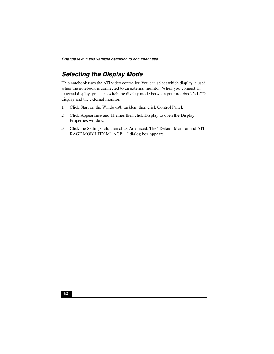 Selecting the display mode | Sony PCG-FXA49 User Manual | Page 62 / 116