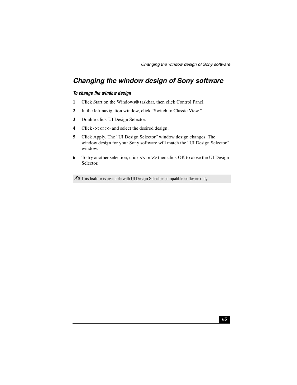 Changing the window design of sony software | Sony PCG-FXA49 User Manual | Page 65 / 116