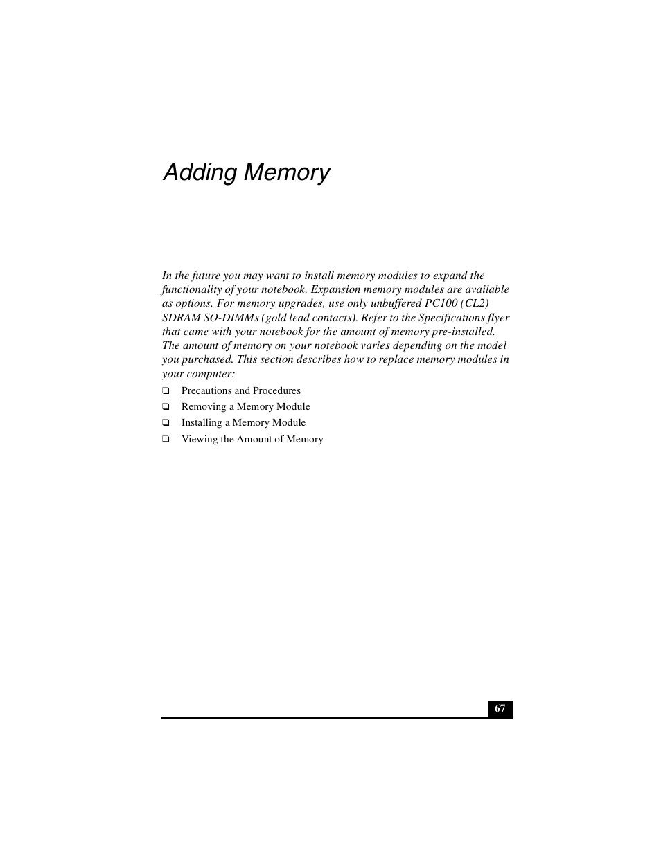 Adding memory | Sony PCG-FXA49 User Manual | Page 67 / 116