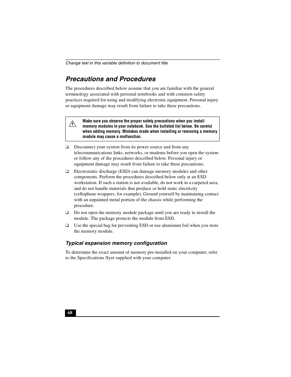 Precautions and procedures, Typical expansion memory configuration | Sony PCG-FXA49 User Manual | Page 68 / 116