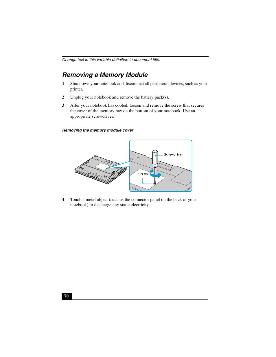 Removing a memory module | Sony PCG-FXA49 User Manual | Page 70 / 116