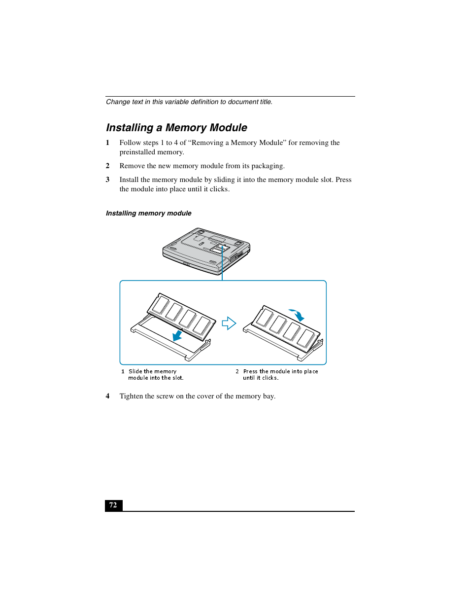 Installing a memory module | Sony PCG-FXA49 User Manual | Page 72 / 116