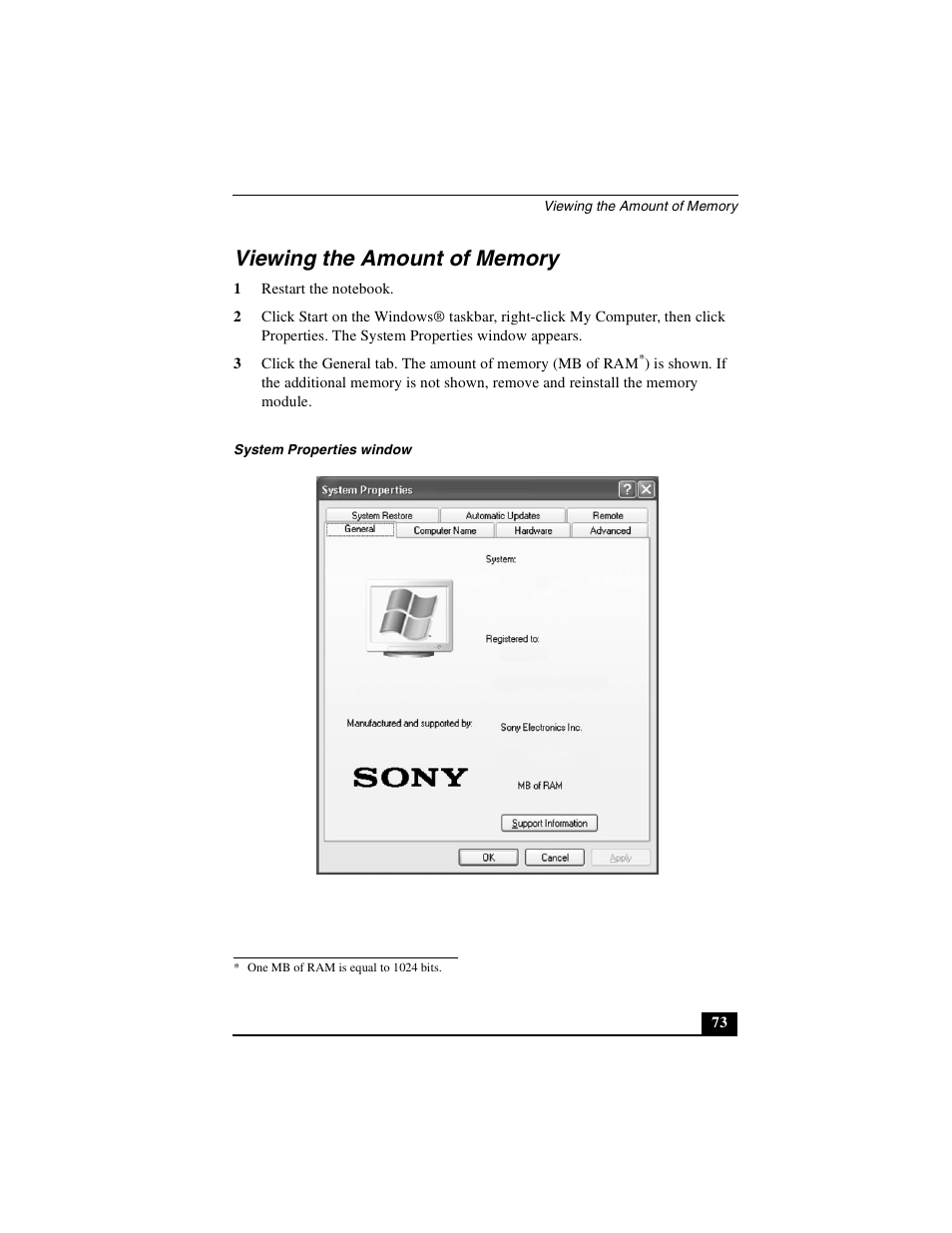 Viewing the amount of memory | Sony PCG-FXA49 User Manual | Page 73 / 116