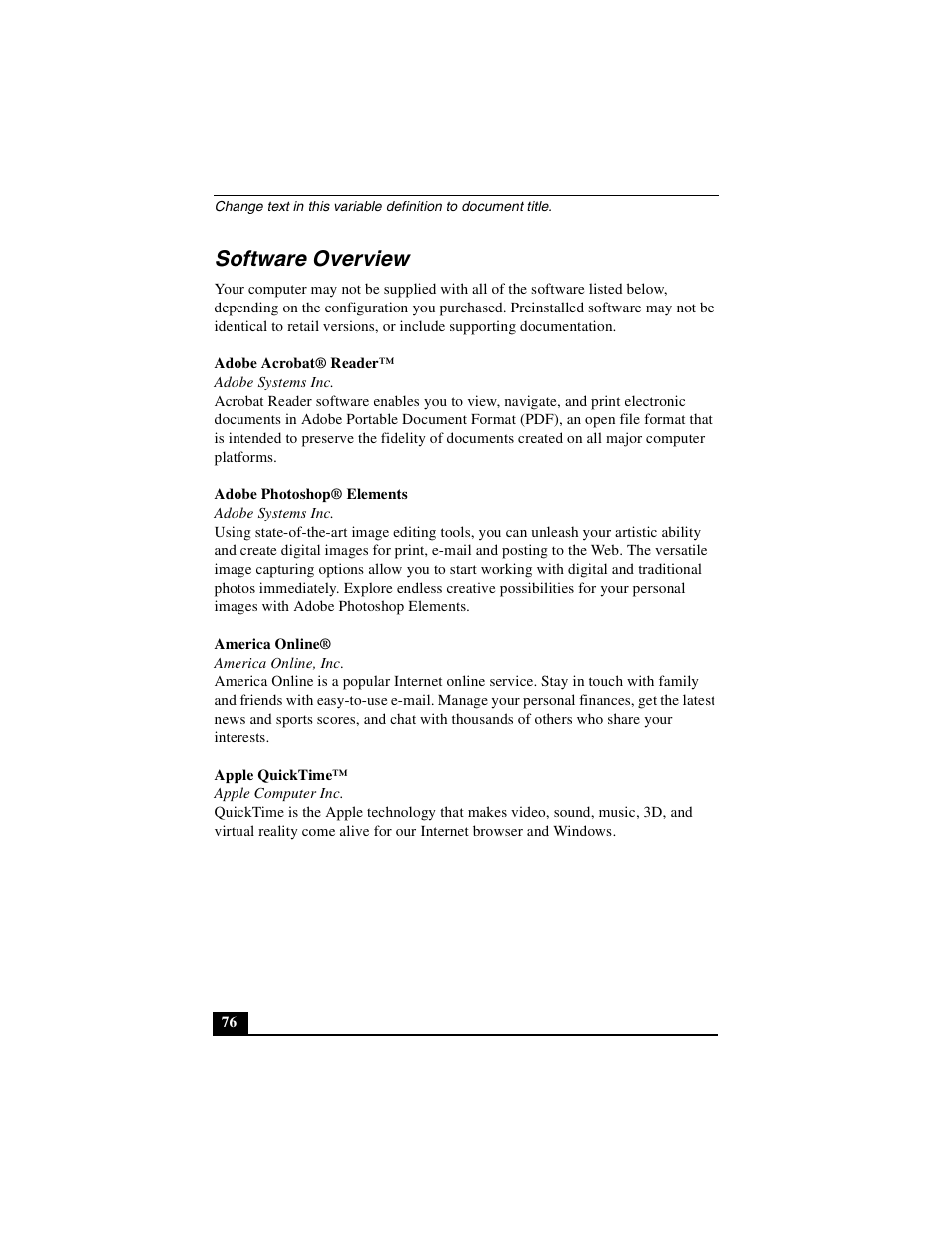 Software overview | Sony PCG-FXA49 User Manual | Page 76 / 116