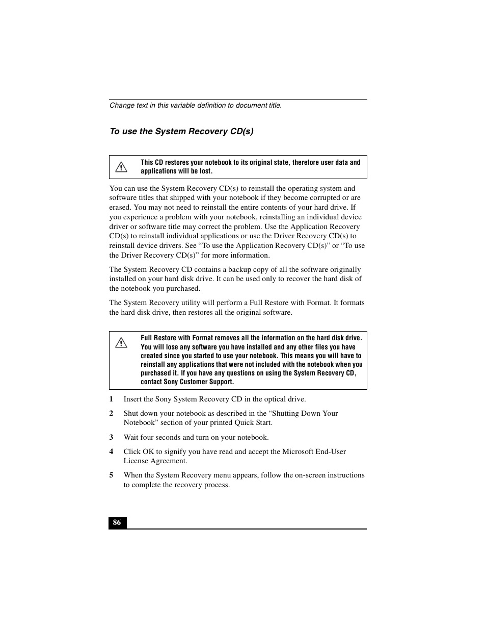 To use the system recovery cd(s) | Sony PCG-FXA49 User Manual | Page 86 / 116