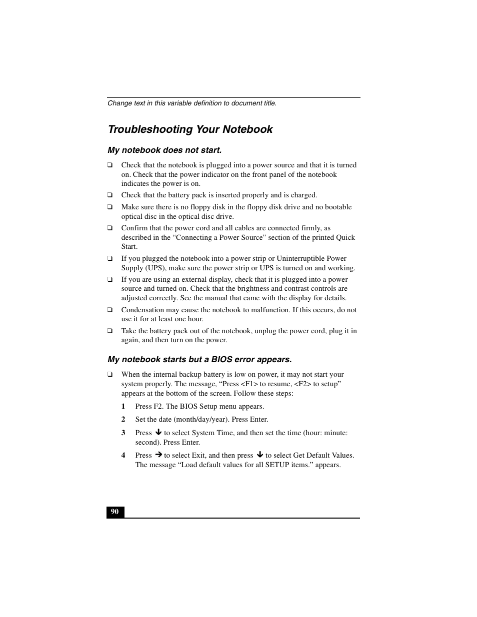 Troubleshooting your notebook, My notebook does not start, My notebook starts but a bios error appears | Sony PCG-FXA49 User Manual | Page 90 / 116