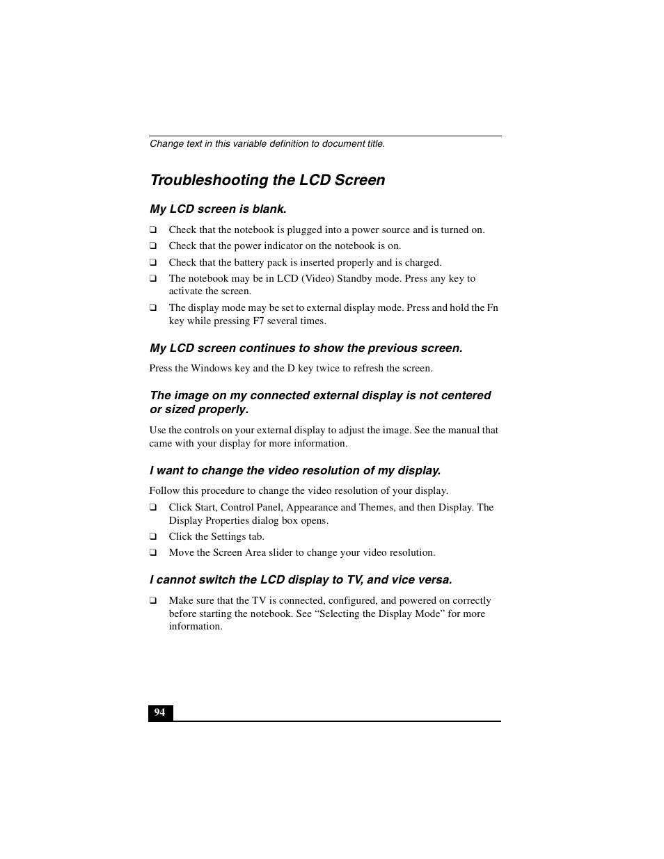 Troubleshooting the lcd screen, My lcd screen is blank | Sony PCG-FXA49 User Manual | Page 94 / 116