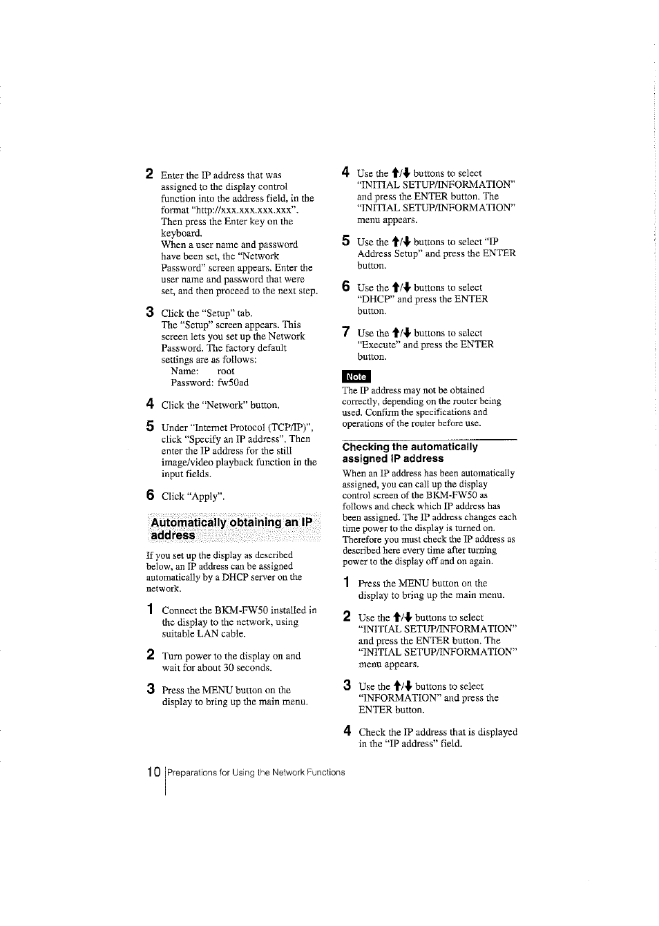 Automatically obtaining an ip address, Checking the automatically assigned ip address | Sony BKM-FW50 User Manual | Page 10 / 28