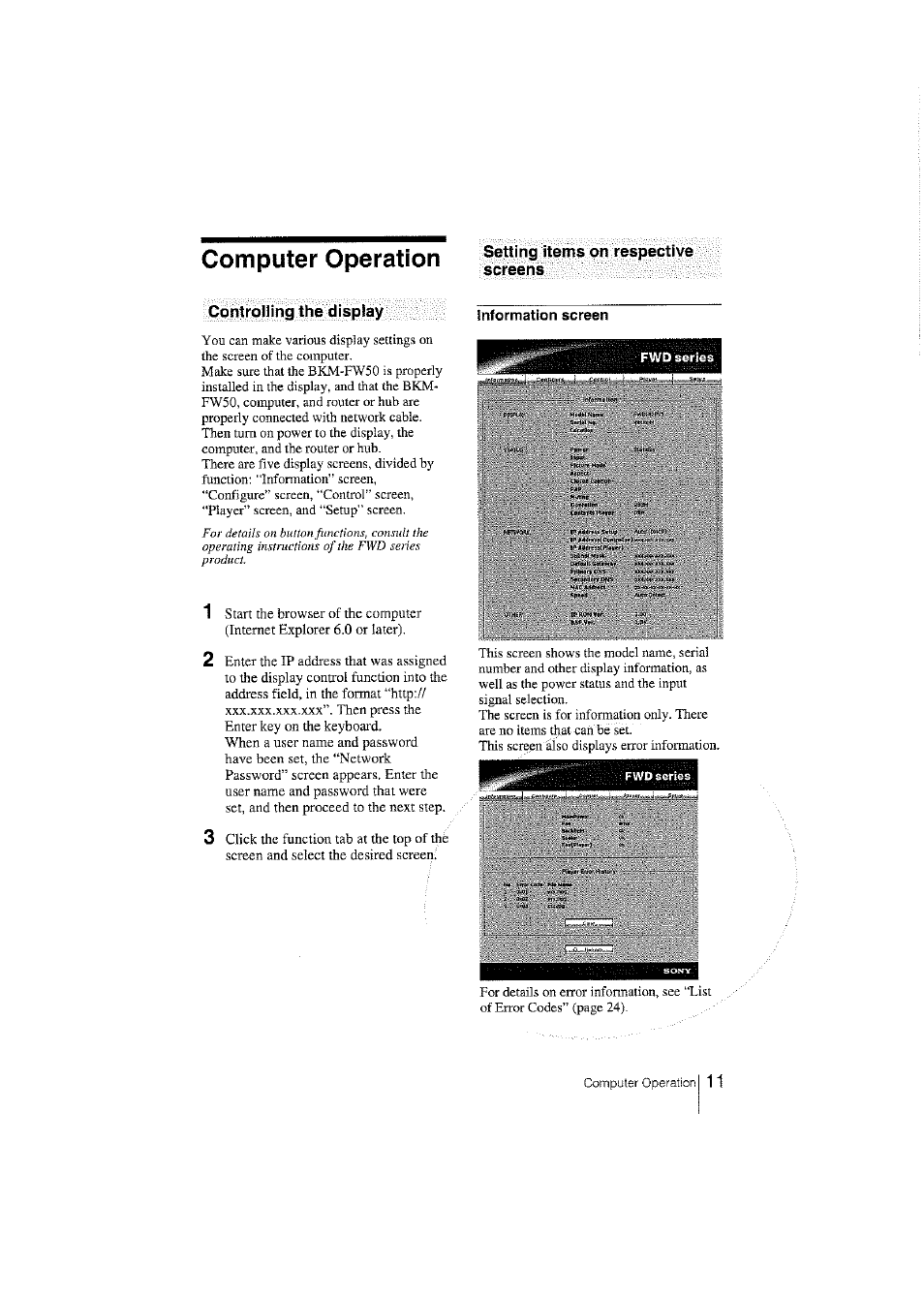 Computer operation, Setting items on respective screens, Controlling the display | Information screen, Fwd series | Sony BKM-FW50 User Manual | Page 11 / 28