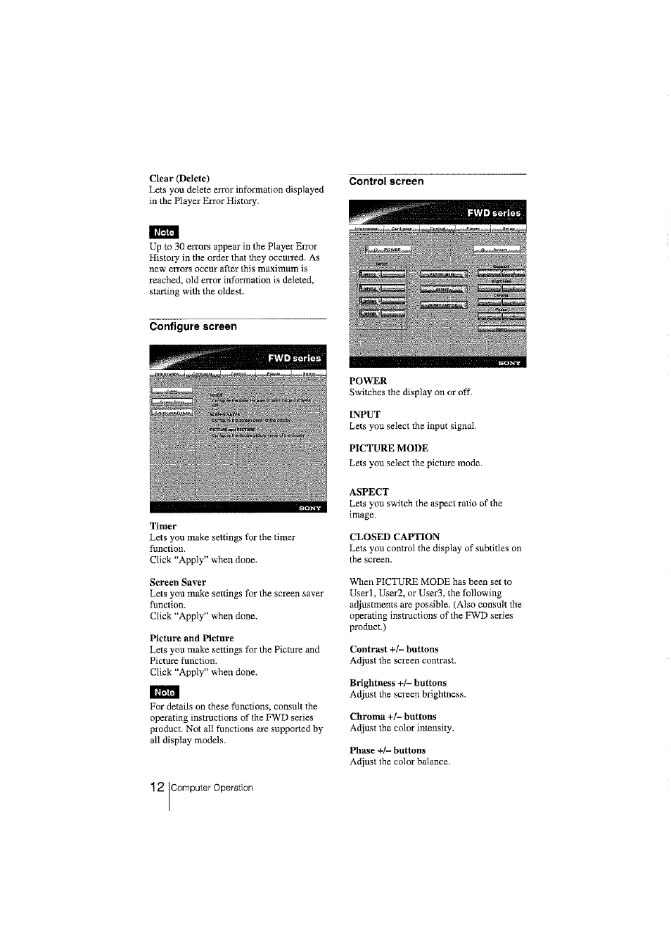 Clear (delete), Configure screen, Fwd series | Power, Picture mode, Timer, Screen saver, Picture and picture, Aspect, Closed caption | Sony BKM-FW50 User Manual | Page 12 / 28