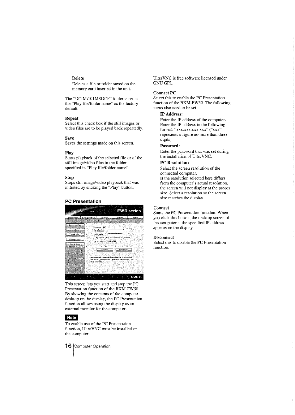 Delete, Repeat, Save | Play, Stop, Pc presentation, Fwd series, Connect pc, Connect, Disconnect | Sony BKM-FW50 User Manual | Page 16 / 28