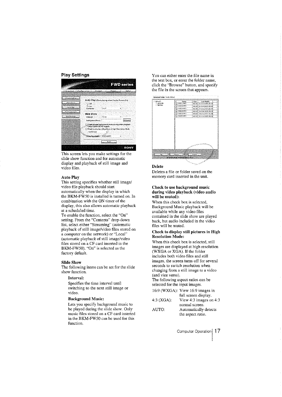 Auto play, Slide show, Delete | Sony BKM-FW50 User Manual | Page 17 / 28