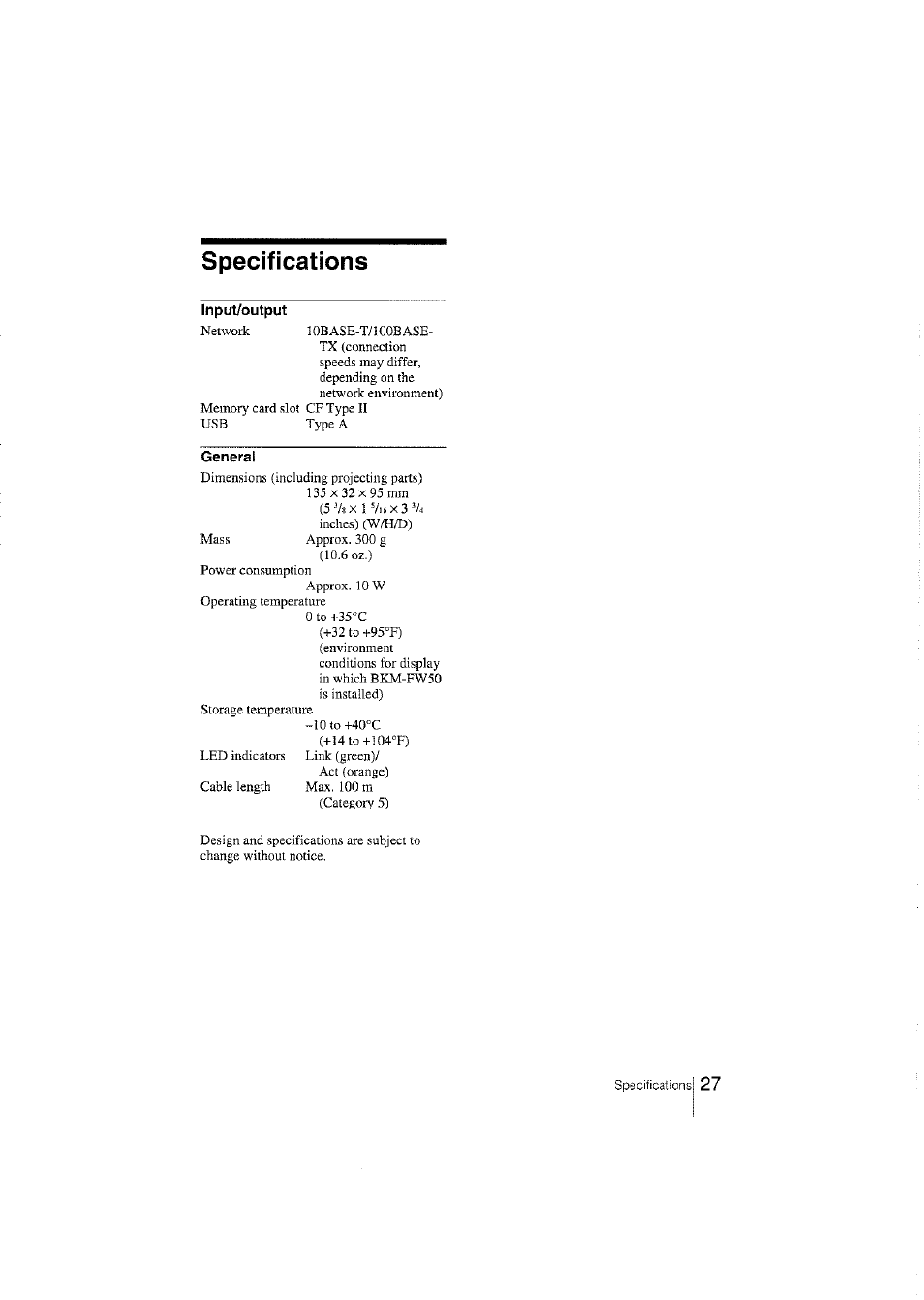 Specifications, Input/output, General | Sony BKM-FW50 User Manual | Page 27 / 28