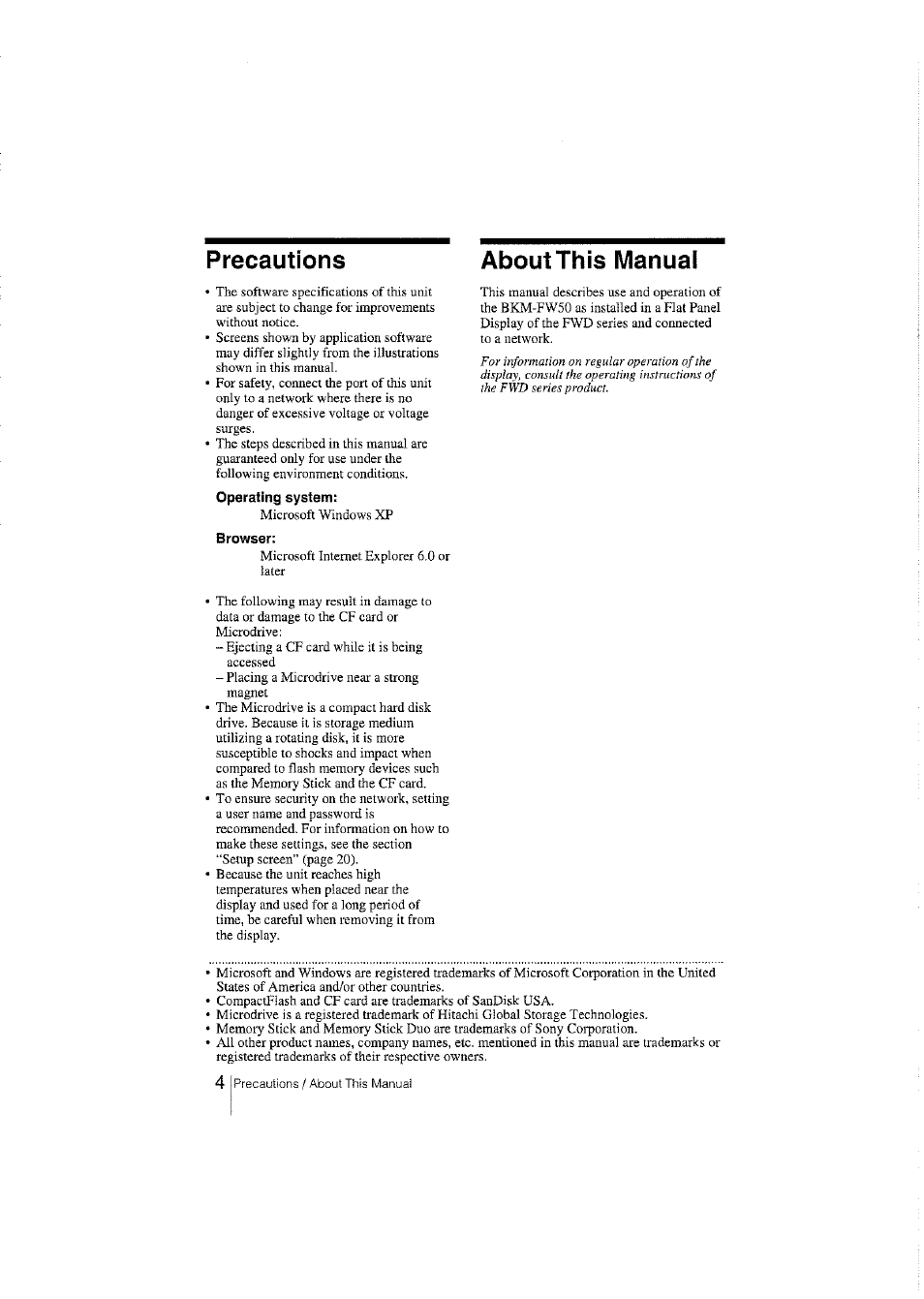 About this manual, Operating system, Browser | Precautions about this manual | Sony BKM-FW50 User Manual | Page 4 / 28