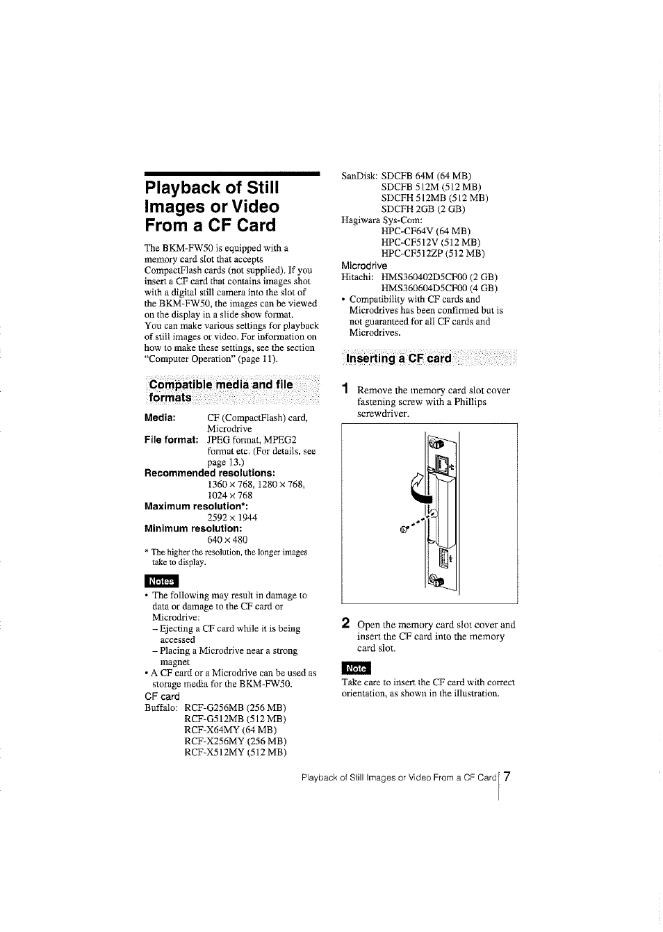 Playback of still images or video from a cf card, Inserting a cf card, Compatible media and fiie formats | Recommended resolutions, Minimum resolution, Compatible media and file formats, Inserting a, Card | Sony BKM-FW50 User Manual | Page 7 / 28