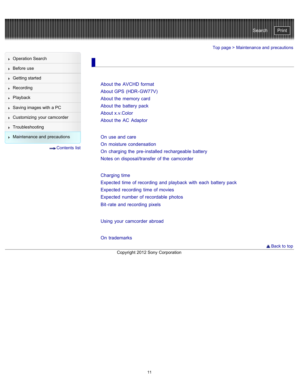 Maintenance and precautions | Sony HDR-GW77V User Manual | Page 11 / 211