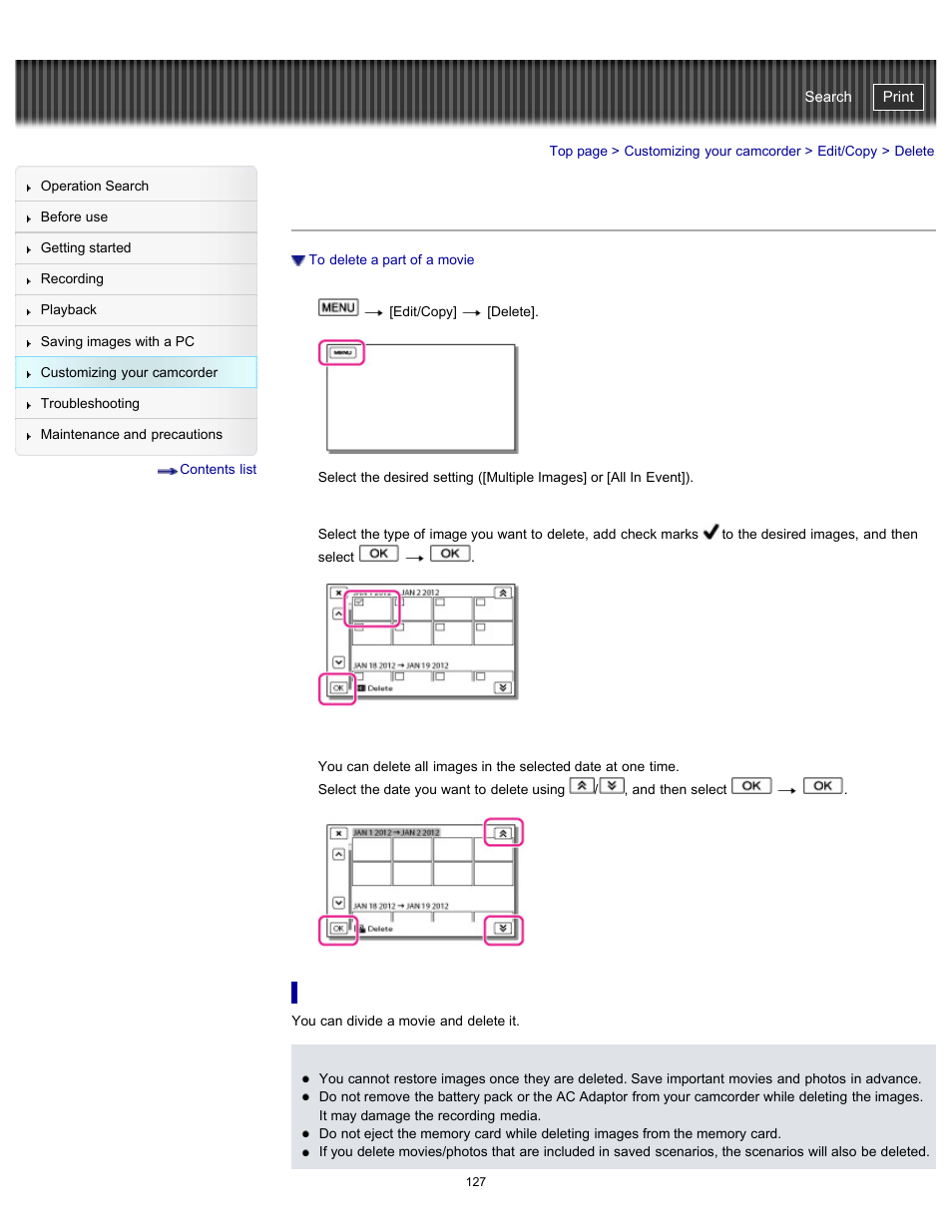 Delete, Handycam" user guide | Sony HDR-GW77V User Manual | Page 127 / 211