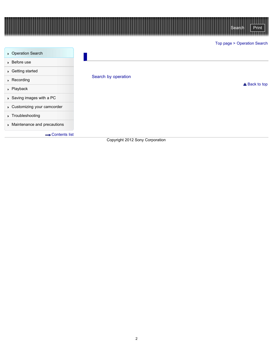 Operation search, Handycam" user guide | Sony HDR-GW77V User Manual | Page 2 / 211