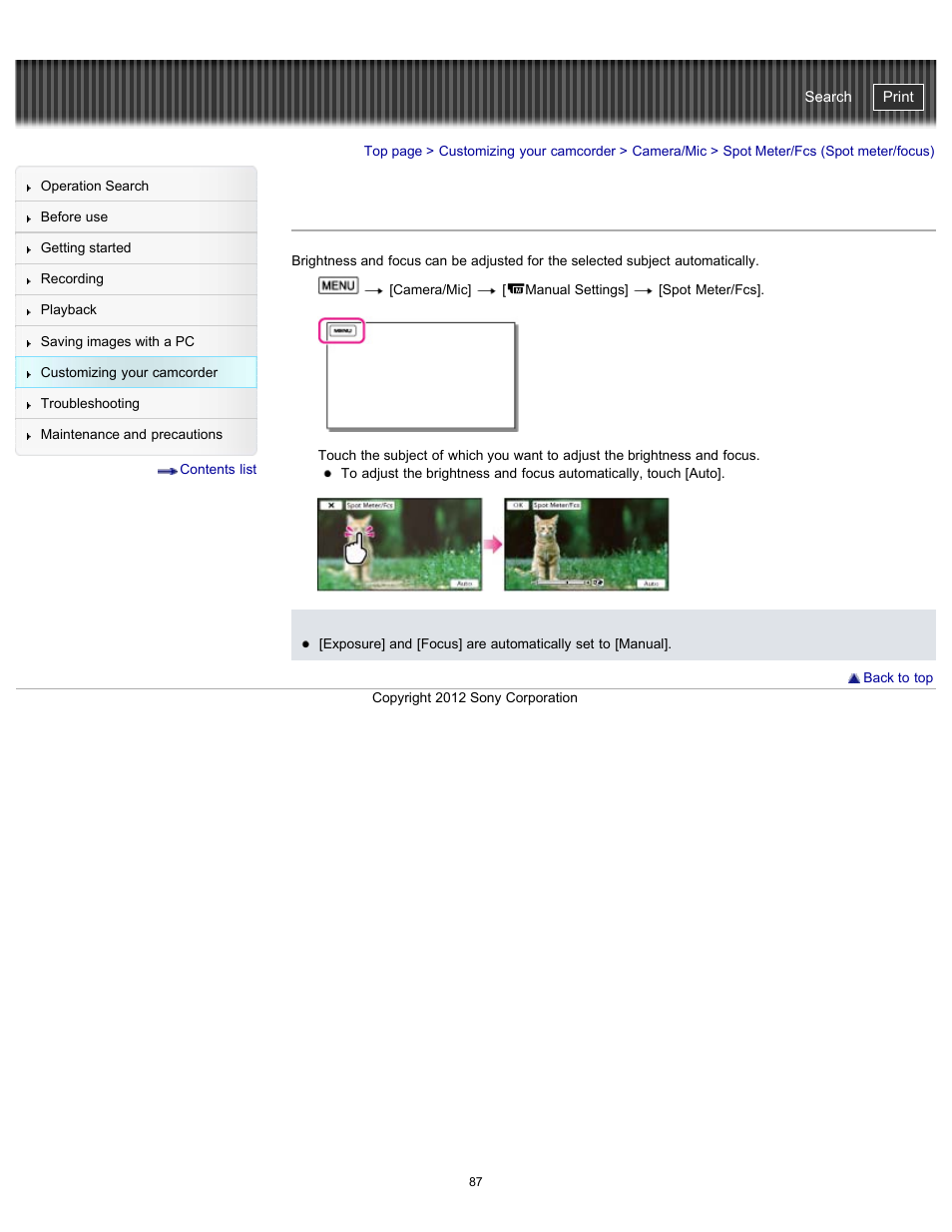 Spot meter/fcs (spot meter/focus), Handycam" user guide | Sony HDR-GW77V User Manual | Page 87 / 211