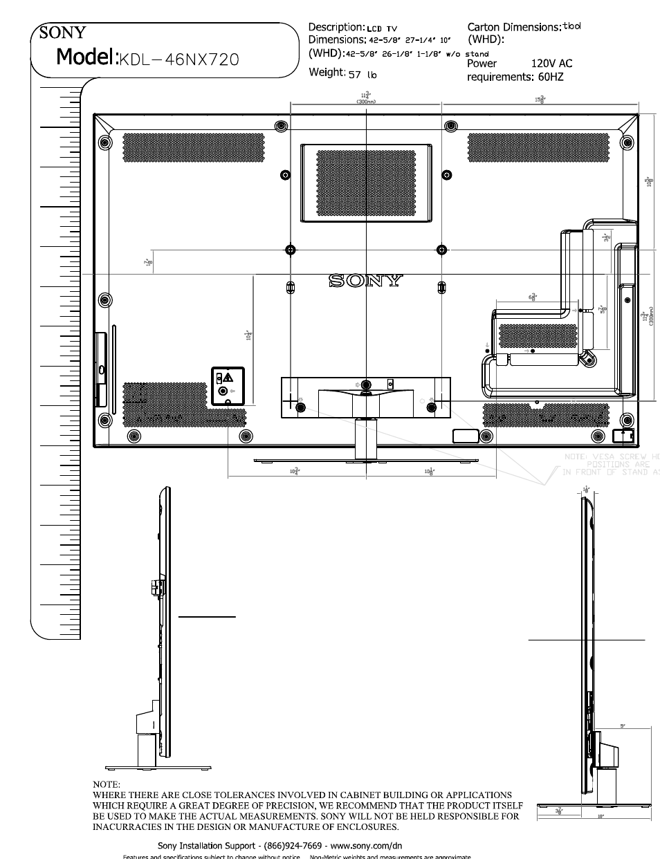 Carton dimensions:^:^^ (whd), Power 120 v ac, Weight: 57 ib | Requirements: 60hz, Model | Sony KDL-46NX720 User Manual | Page 2 / 3