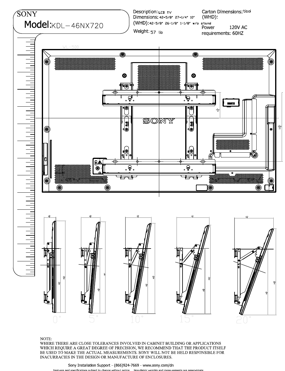 Power, Weight: 57 ib, Model | Sony KDL-46NX720 User Manual | Page 3 / 3