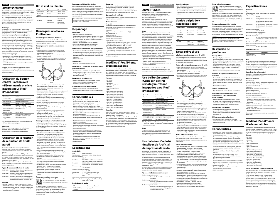 Avertissement, Bip et état du témoin, Remarques relatives à l’utilisation | Dépannage, Caractéristiques, Spécifications, Modèles d’ipod/iphone/ ipad compatibles, Advertencia, Sonido del pitido y estado indicador, Notas sobre el uso | Sony MDR-10RNCiP User Manual | Page 2 / 2