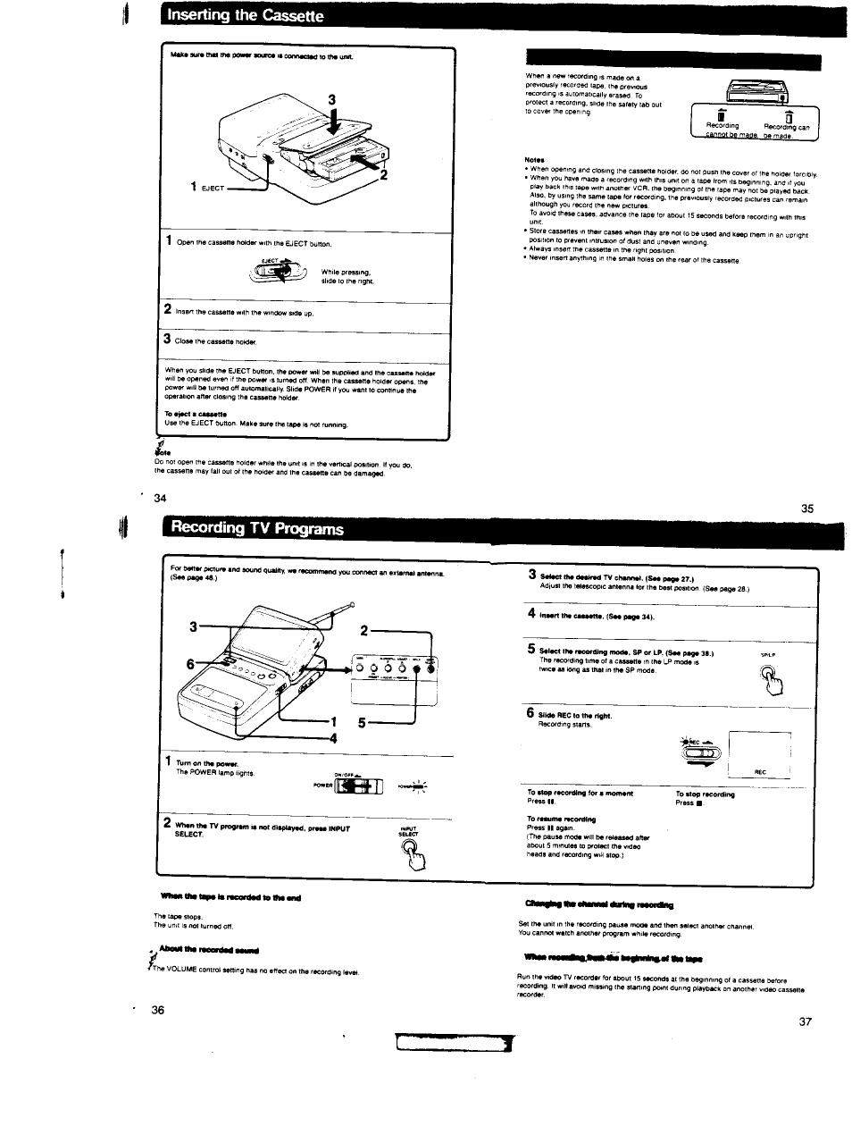Inserting the cassette, Recording tv programs | Sony GV-200 User Manual | Page 10 / 18