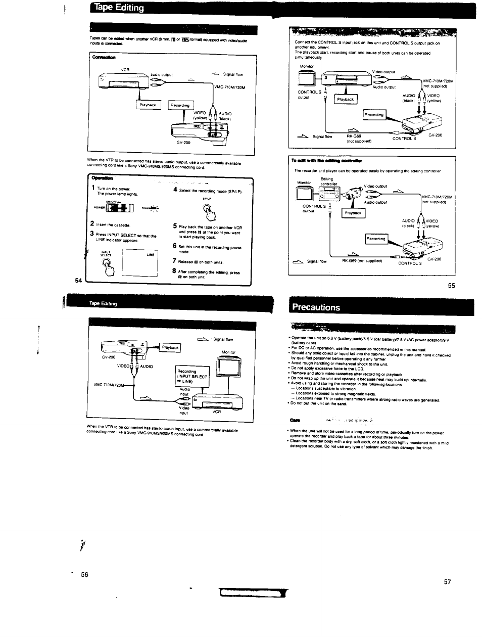 Lape editing, Precautions | Sony GV-200 User Manual | Page 15 / 18