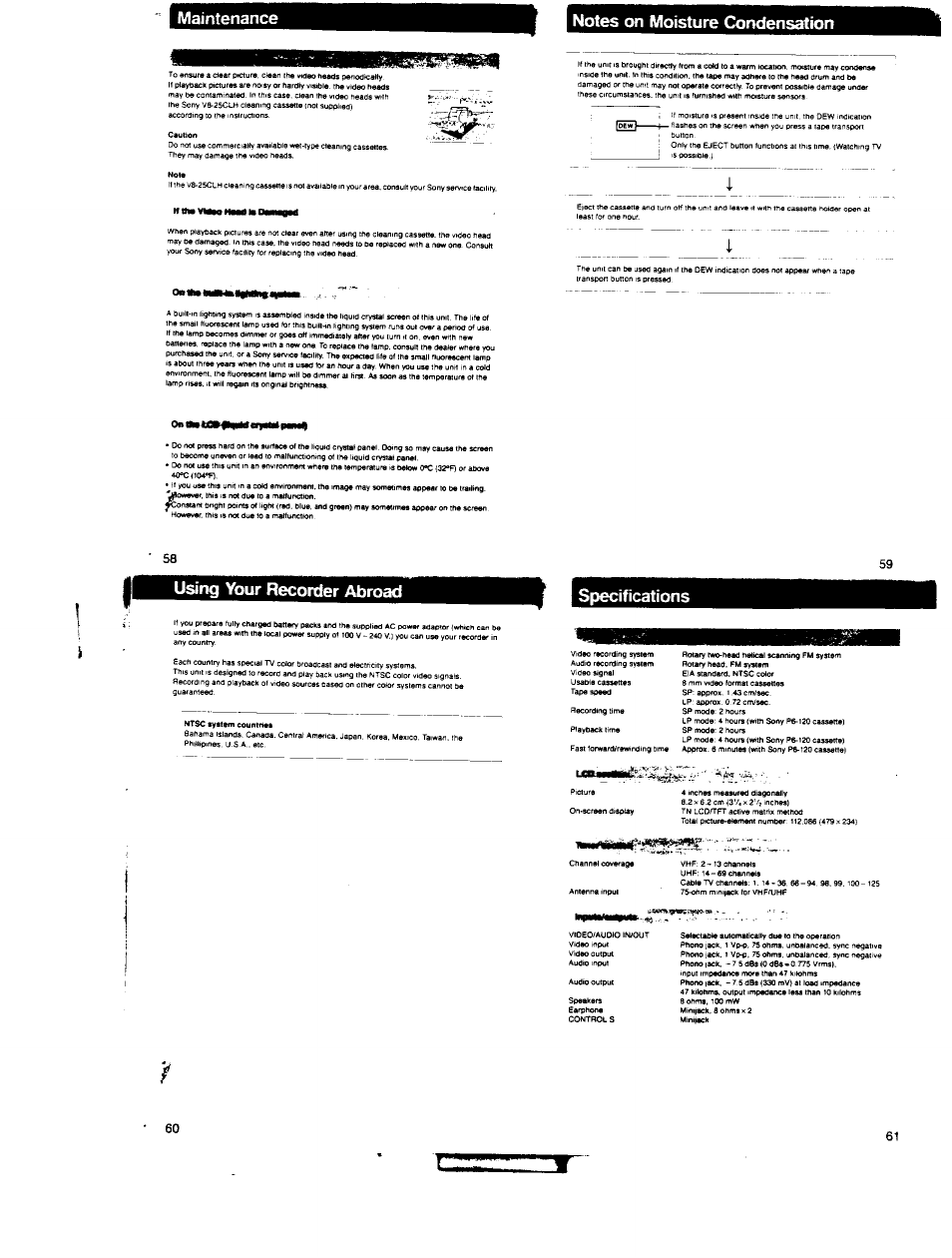 Notes on moisture condensation, Using your recorder abroad, Using your recorder abroad specifications | Sony GV-200 User Manual | Page 16 / 18