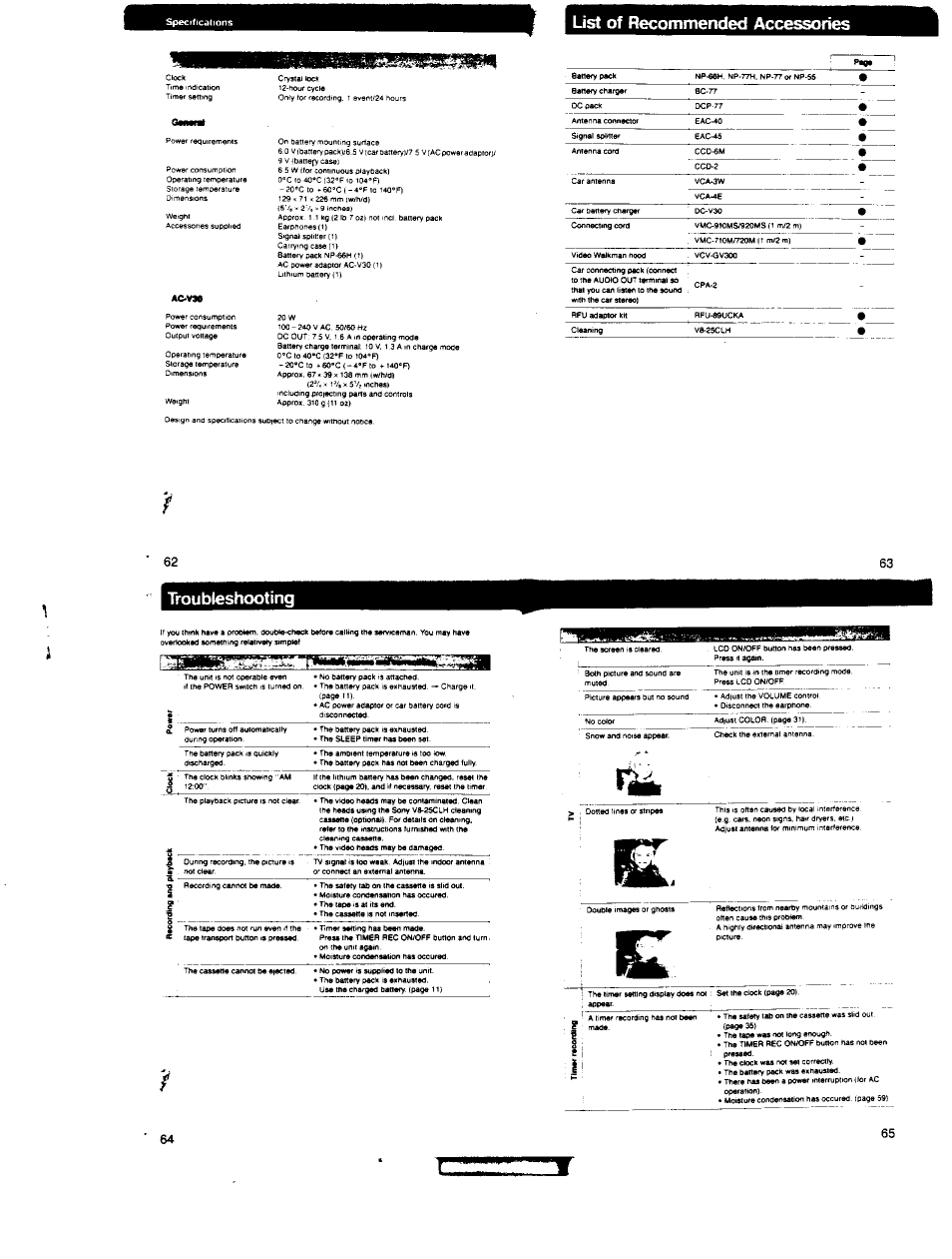 List of recommended accessories, Troubleshooting | Sony GV-200 User Manual | Page 17 / 18