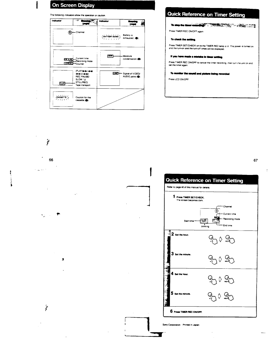 On screen display, Quick fteference on timer setting, Quick reference on timer setting | Sony GV-200 User Manual | Page 18 / 18