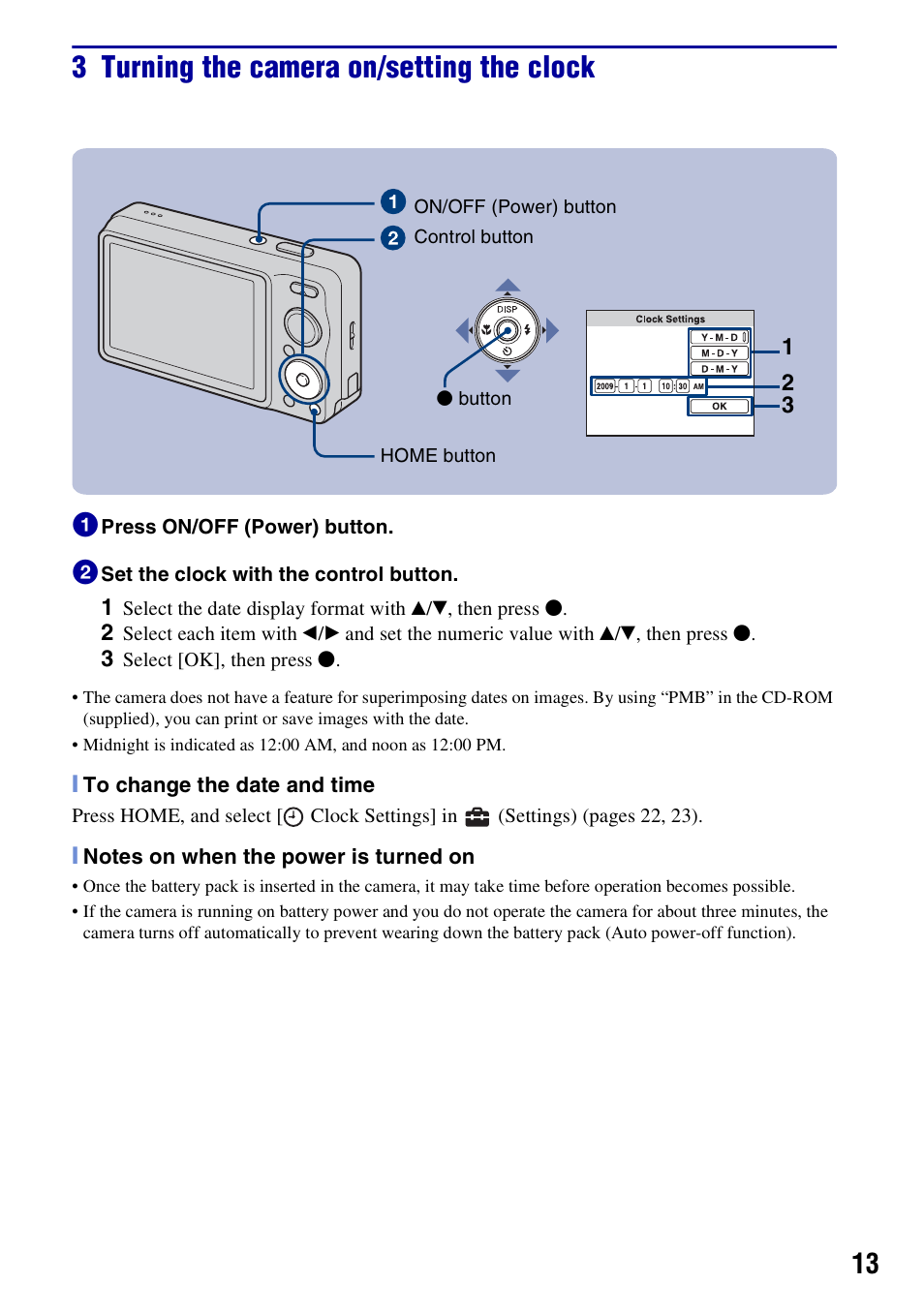 3 turning the camera on/setting the clock | Sony DSC-W220 User Manual | Page 13 / 40