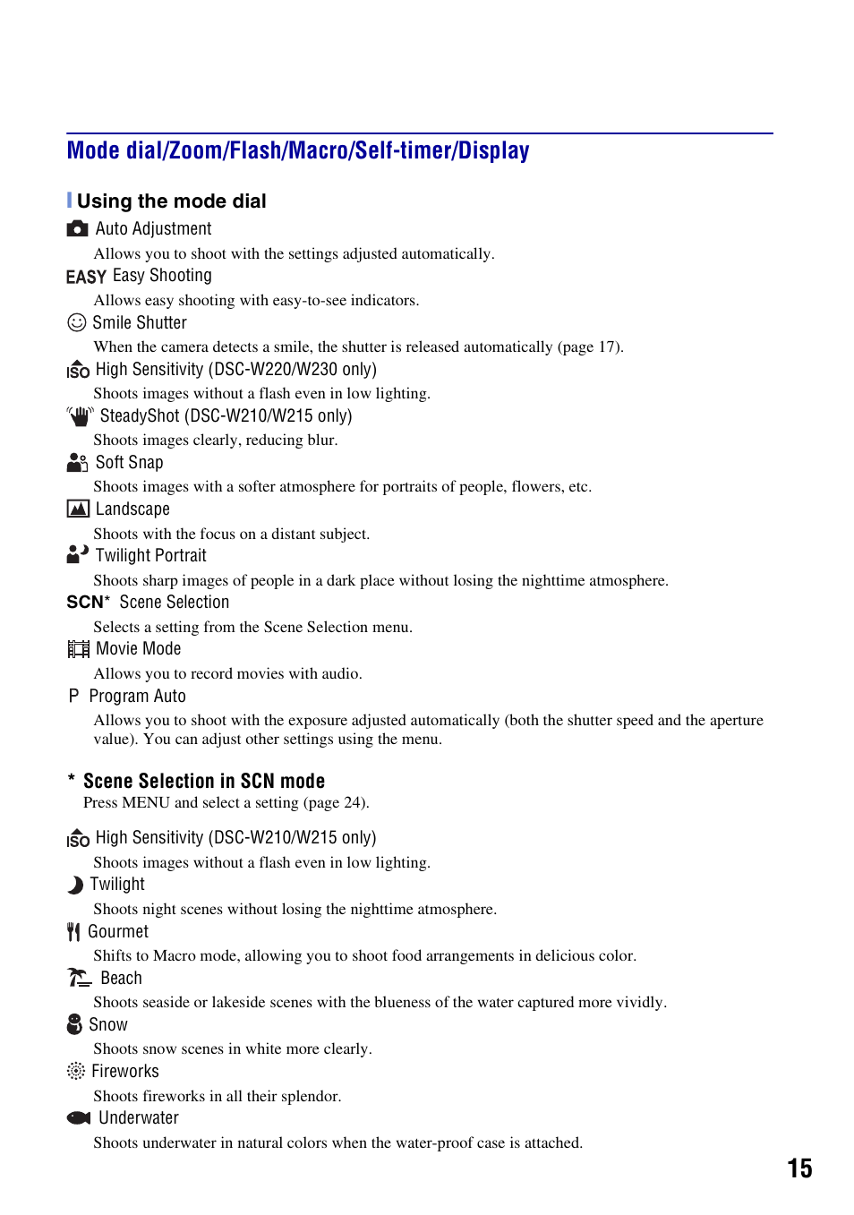 Mode dial/zoom/flash/macro/self-timer/display | Sony DSC-W220 User Manual | Page 15 / 40