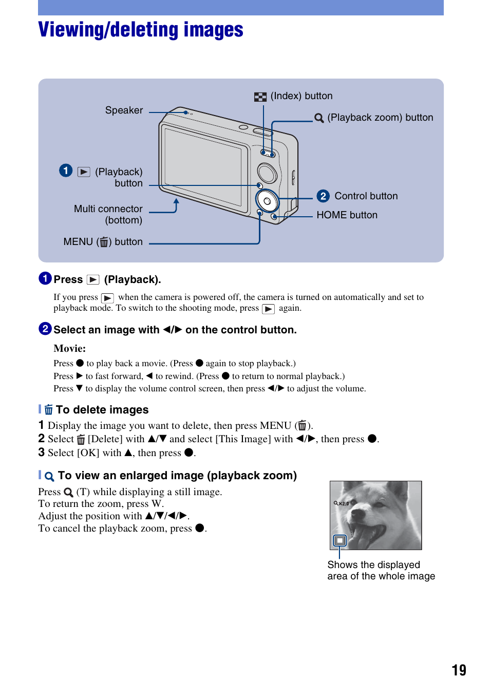 Viewing/deleting images | Sony DSC-W220 User Manual | Page 19 / 40