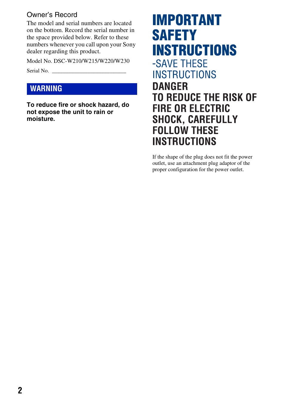 Warning | Sony DSC-W220 User Manual | Page 2 / 40