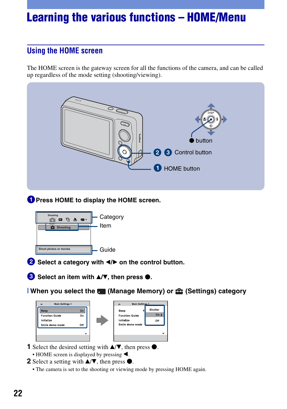 Learning the various functions - home/menu, Using the home screen, Learning the various functions – home/menu | Sony DSC-W220 User Manual | Page 22 / 40